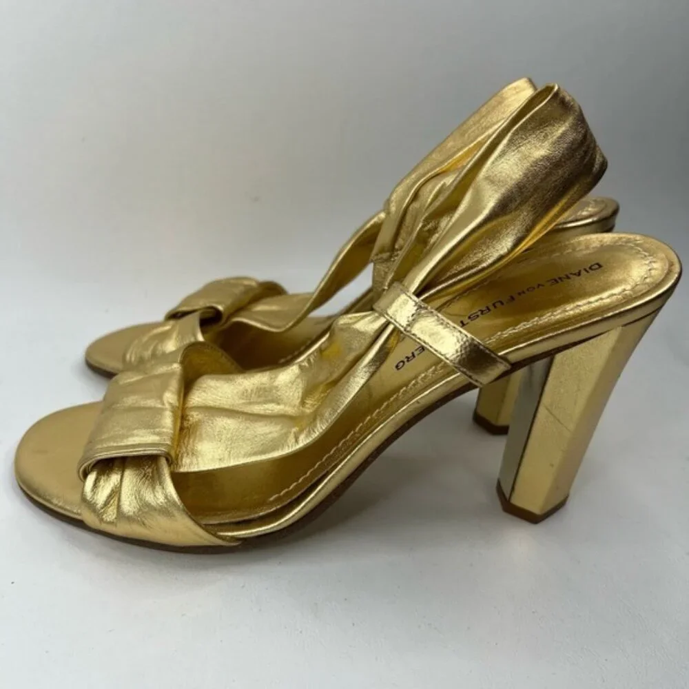 DIANE von FURSTENBERG Made in Italy 🇮🇹 Gold Designer Metallic Heels Size 7M‎